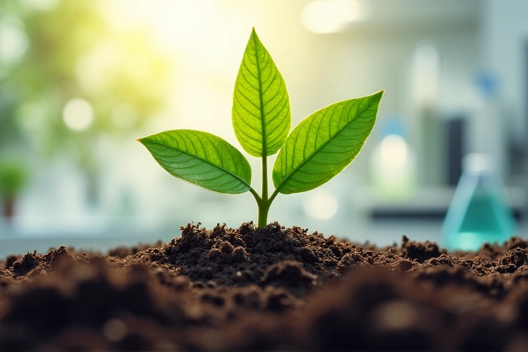 Ilustrație a începuturilor GlucoSanatateb, cu o plantă în creștere dintr-un sol fertil și un fundal estompat de laborator sau cercetare.
